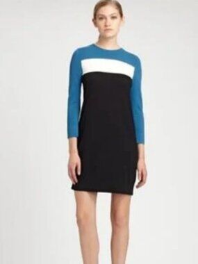 Diane Von Furstenberg Womens L Aina Shirt Dress Blue Black White Colorblock